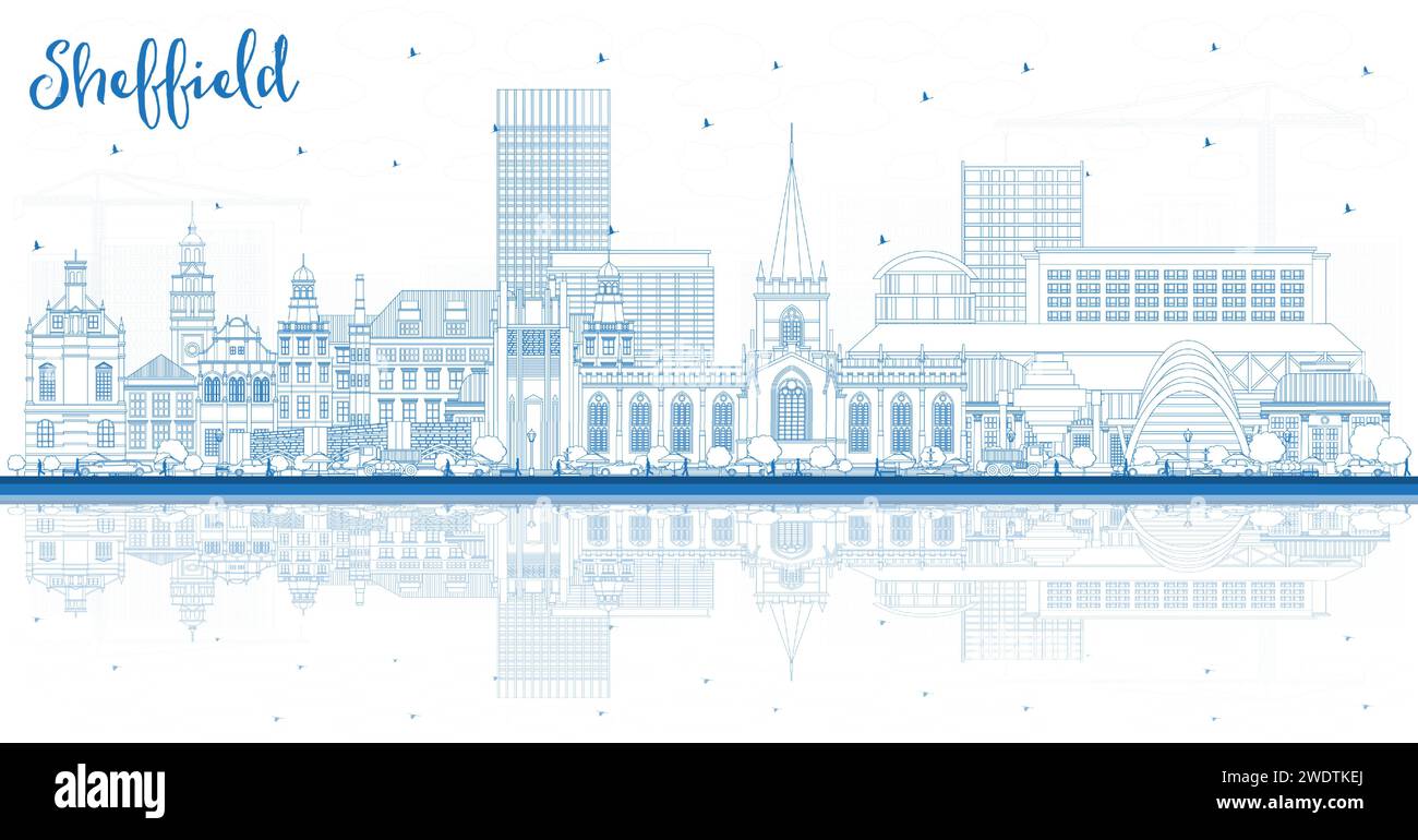 Umreißen Sie die Skyline von Sheffield UK City mit blauen Gebäuden und Reflexionen. Vektorabbildung. Sheffield South Yorkshire Stadtlandschaft mit Wahrzeichen. Reisen Stock Vektor