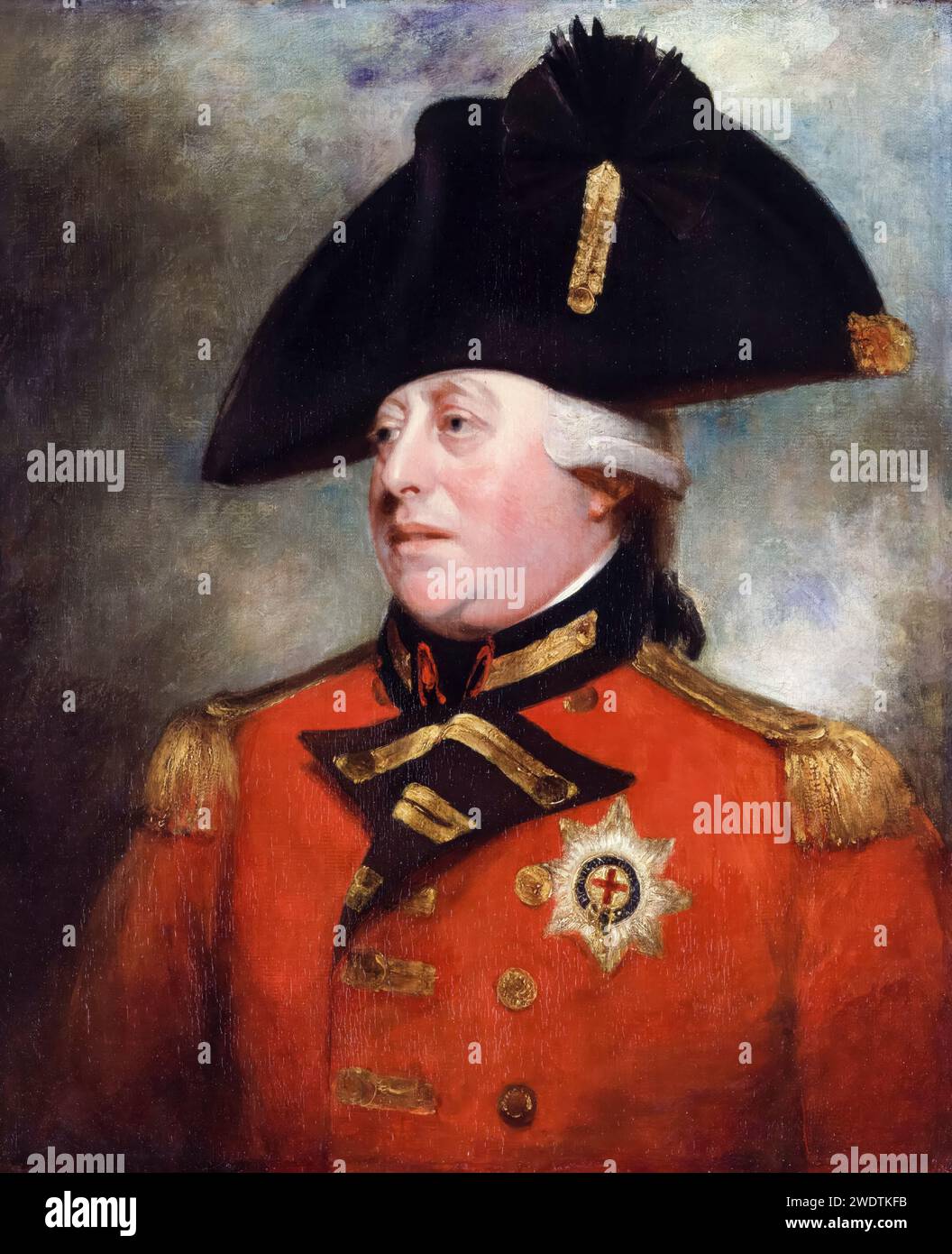 Georg III. (1738–1820), König von Großbritannien und Irland in Militäruniform, Porträtmalerei in Öl auf Leinwand von William Beechey, um 1800 Stockfoto