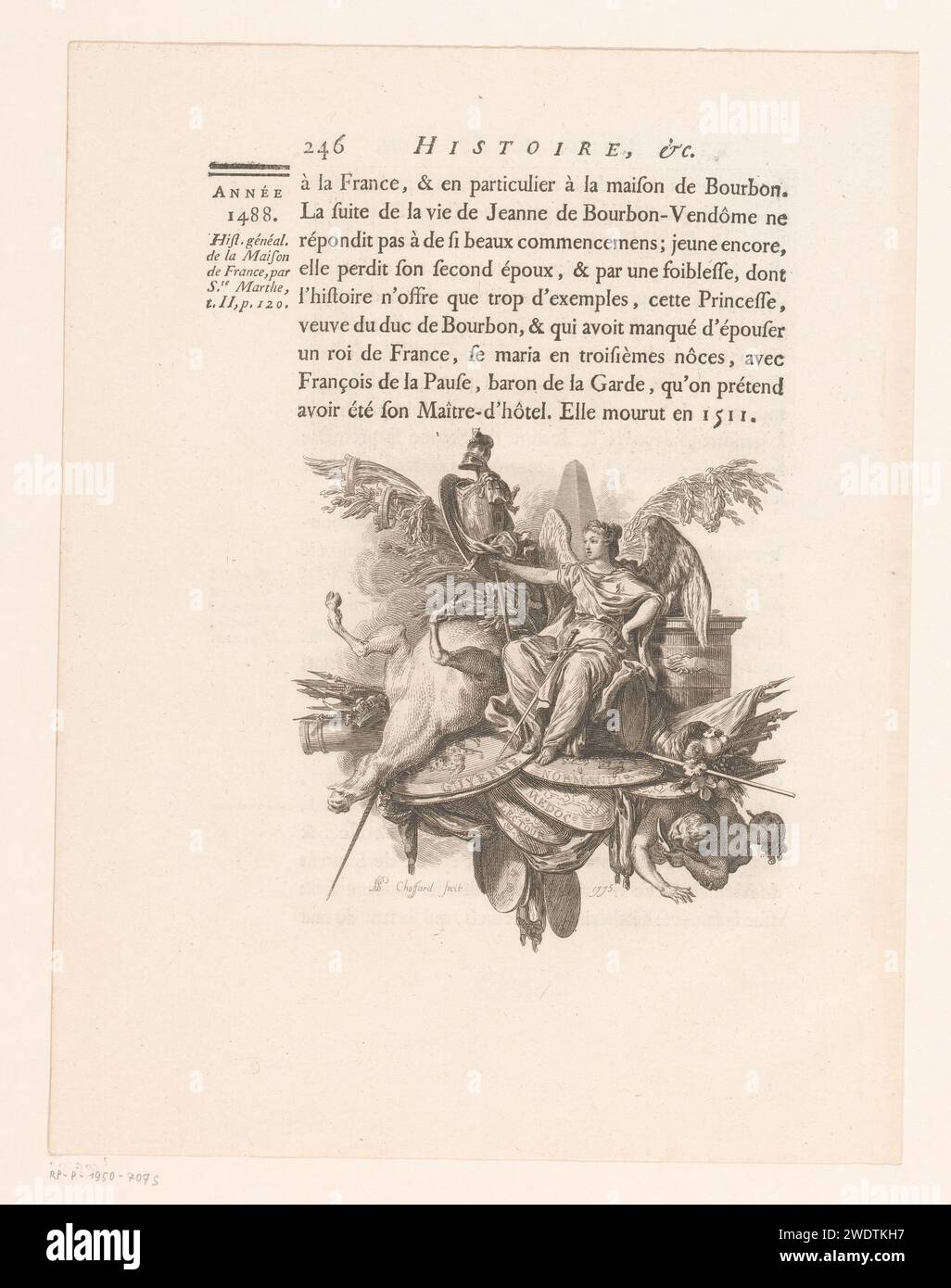 Allegorische Darstellung mit Engel und gefallenem Pferd, Pierre Philippe Choffard, 1776 Druckgraphiker: Franzeprinter: Paris Papierätzung / Gravur / Buchdruck weibliche Engel. Pferd Stockfoto