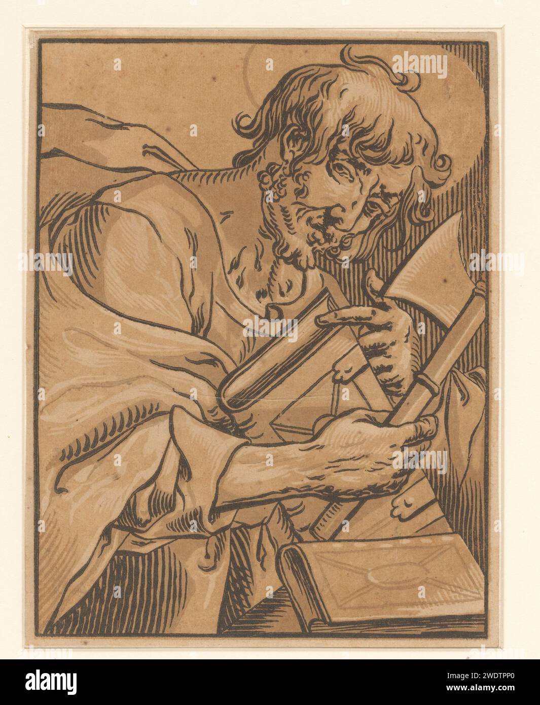 Apostel Mattias, Ludwig Bittick, nach Georges Lallemand, 1600–1669 Druckpapier der Apostel und Märtyrer Matthias; mögliche Attribute: Axt, Buch, Kreuz, Hellebard, Scroll, Schwert Stockfoto