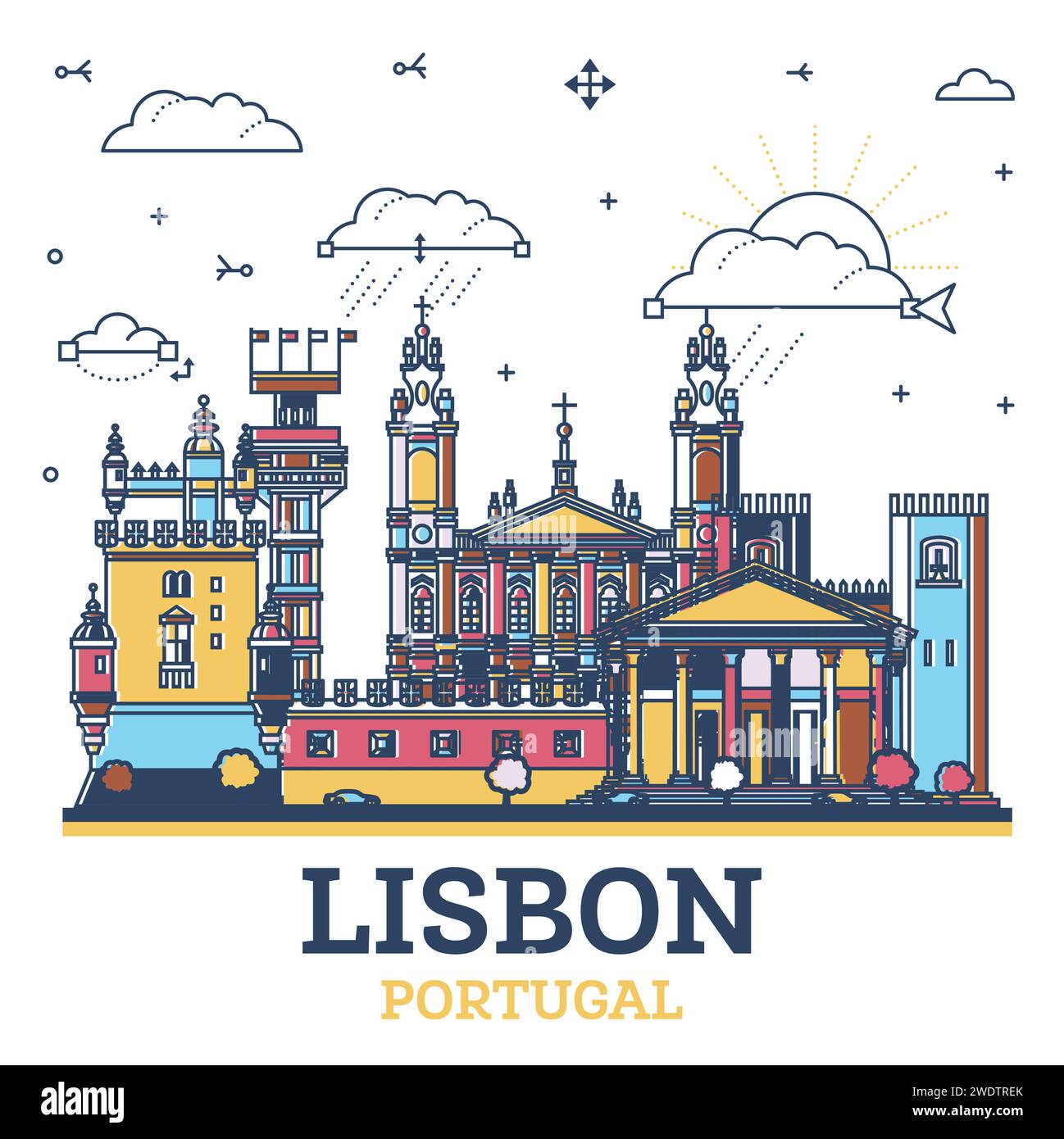Umreißen Sie die Skyline der Stadt Lissabon Portugal mit farbigen modernen und historischen Gebäuden, die auf weiß isoliert sind. Vektorabbildung. Lissabonner Stadtbild. Stock Vektor