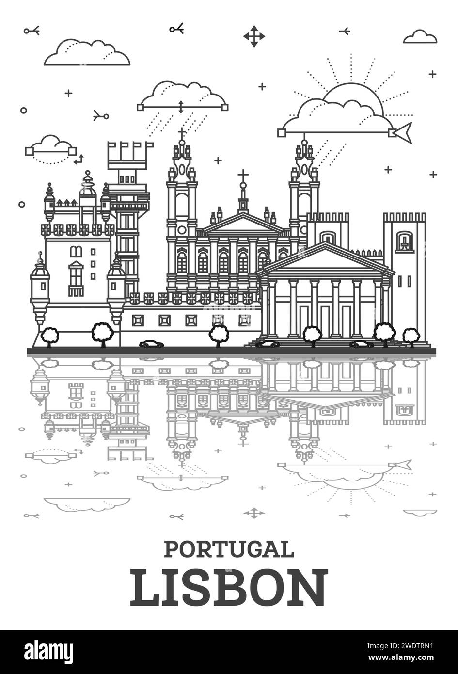 Umreißen Sie die Skyline der Stadt Lissabon Portugal mit historischen Gebäuden und Reflexen auf weiß. Vektorabbildung. Lissabons Stadtbild mit Wahrzeichen. Stock Vektor