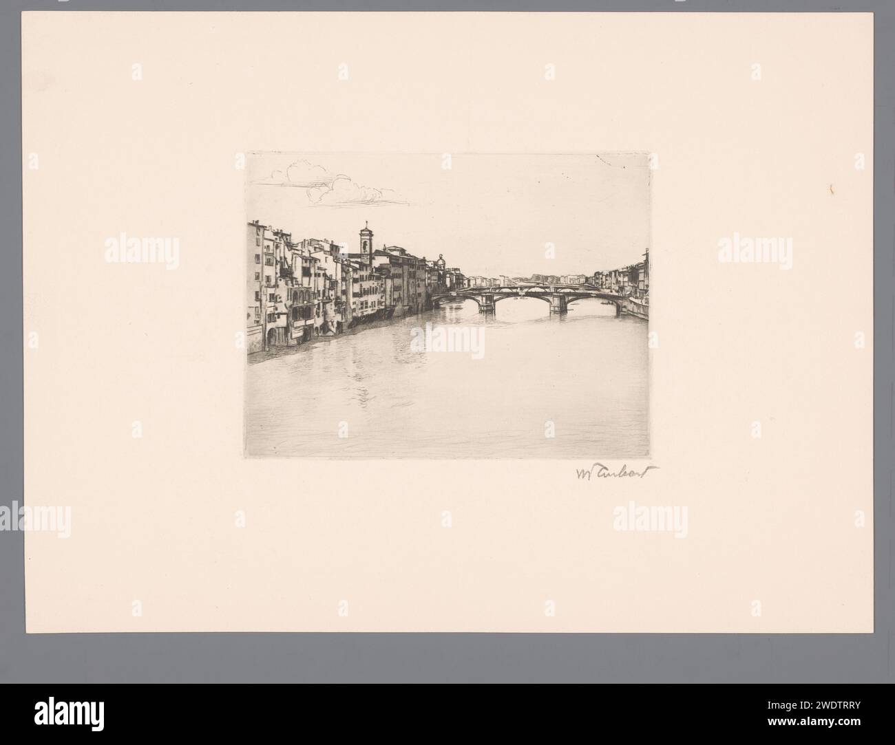 Blick auf Florenz vom Arno, Guglielmo Taubert, 1886 - 1927 Druck Florenz Papier ätzt die Stadt im Allgemeinen; „Veduta“. fluss. Landschaft mit Brücke, Viadukt oder Aquädukt Arno. Florenz Stockfoto