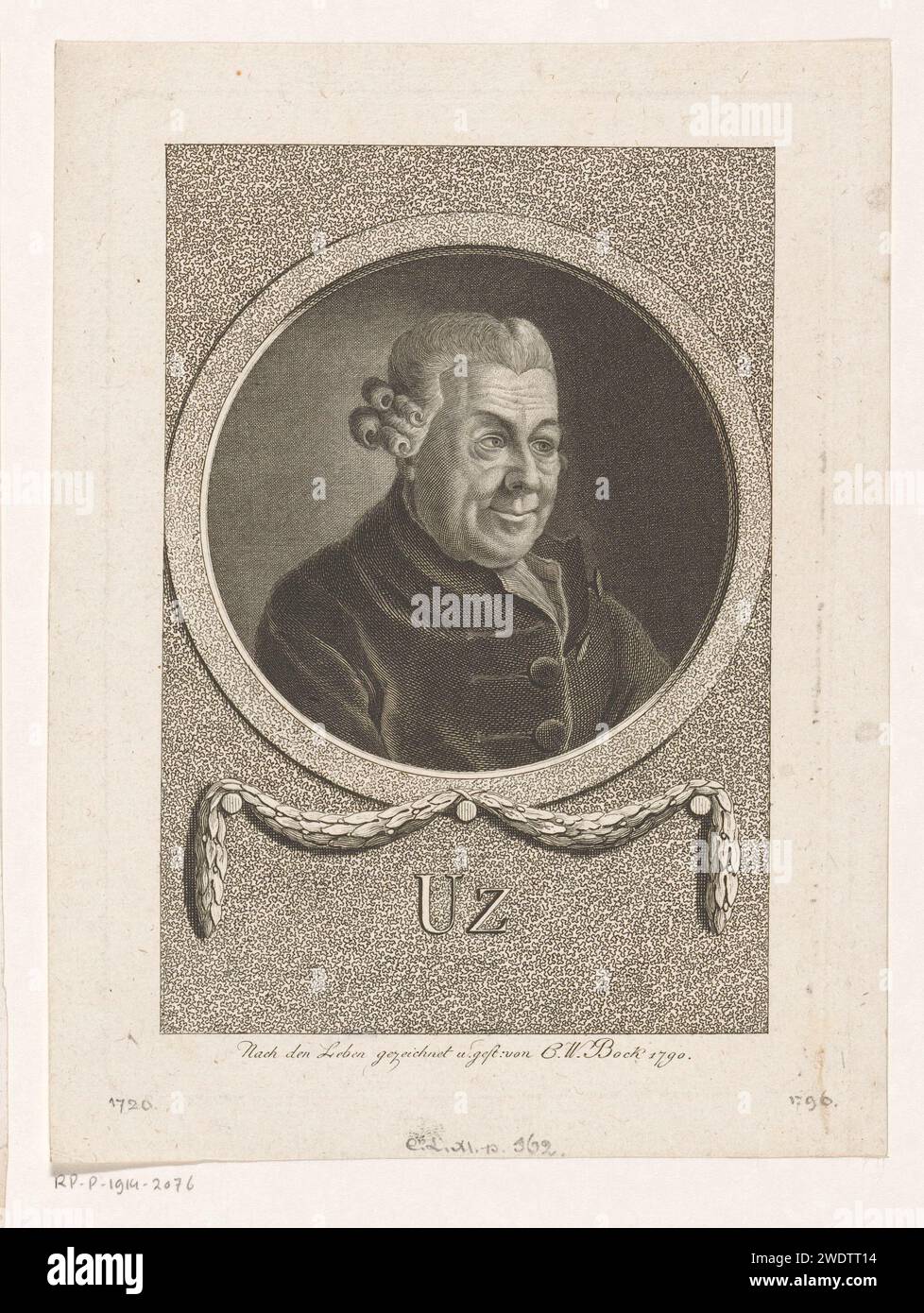 PortraT van Johann Peter UZ, Christoph Wilhelm Bock, 1790 Print Nürnberger Papierstich / Ätzen historischer Personen Stockfoto