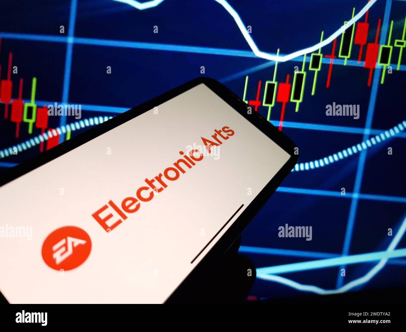Konskie, Polen – 21. Januar 2024: Das Logo des Unternehmens Electronic Arts wird auf dem Bildschirm des Mobiltelefons angezeigt Stockfoto