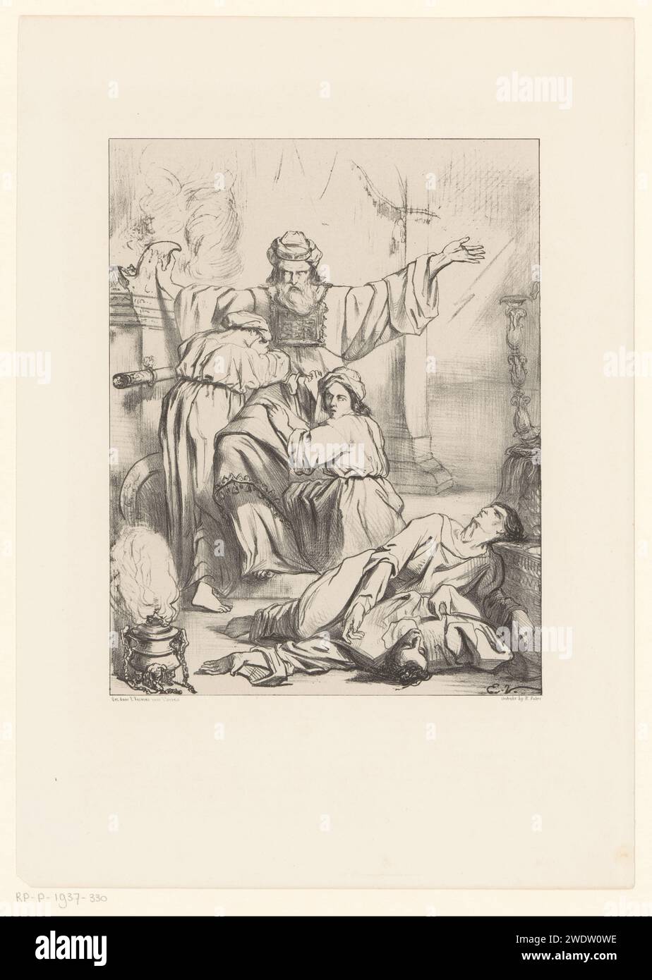 Aaron und seine Söhne, Elchanon Verveer, nach Joseph Israëls, in oder vor 1849 drucken die Leichen der Söhne Aarons, Nadabs und Abihus, sind leblos im Vordergrund. Neben ihnen befindet sich der Räucherbrenner, in dem sie das falsche Feuer gemacht haben und für den sie von Gott bestraft wurden. Die beiden anderen Söhne verstecken sich in Aaron. Das Haager Papier. Die Sünde von Nadab und Abihu (Leviticus 10:1-7) Stockfoto