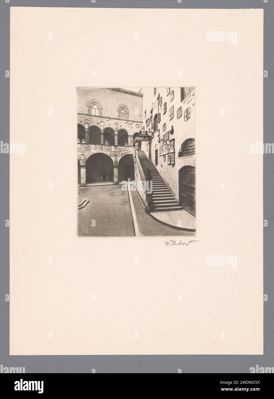 Innenhof des Palazzo del Bargello in Florenz, Guglielmo Taubert, 1886 - 1927 Druck Florenz Papier, das den Blick auf die Stadt im Allgemeinen graviert; „Veduta“. Treppenhaus Florenz. Palazzo del Bargello Stockfoto