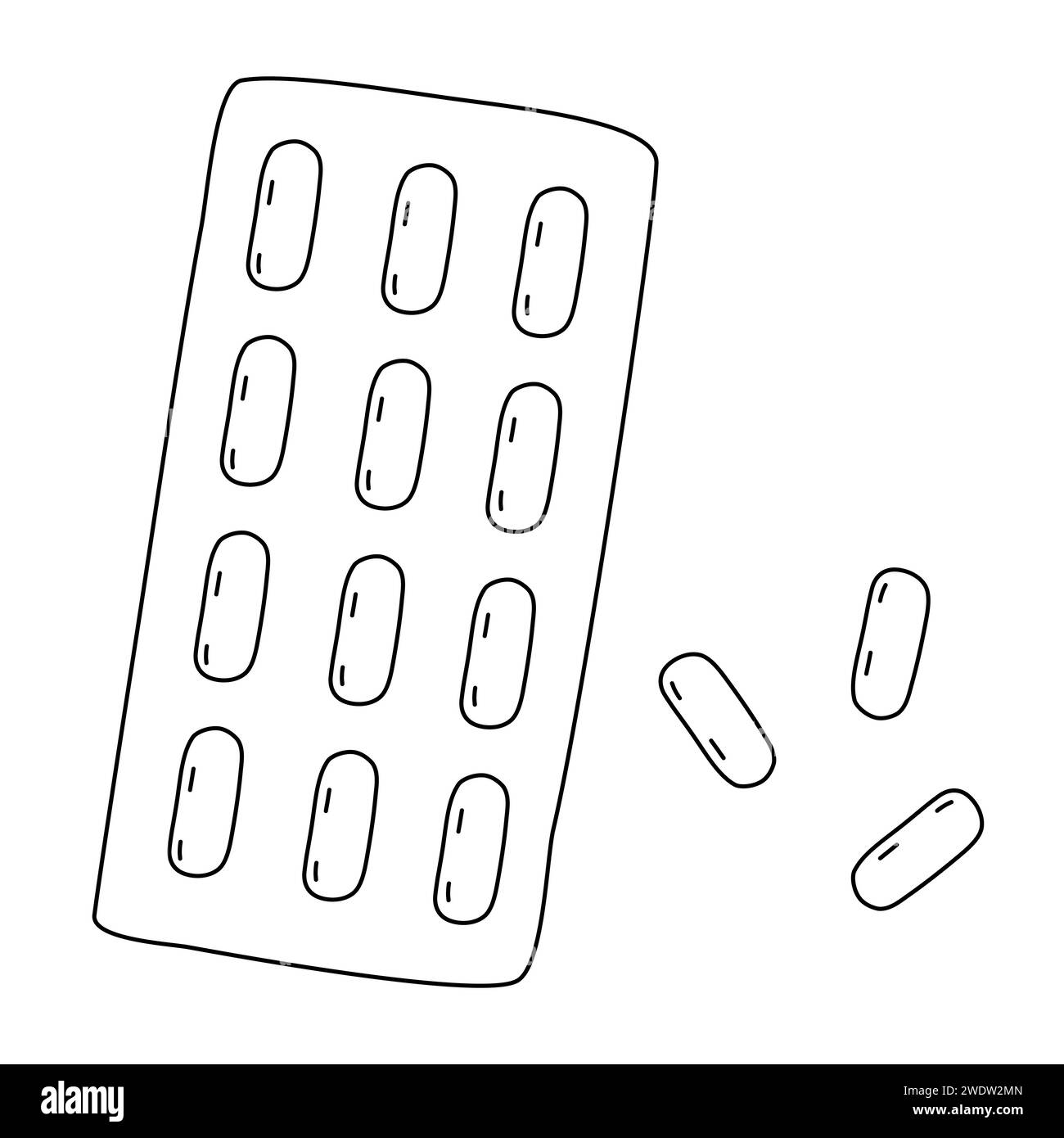 Ovale Tabletten, Lutschtabletten oder Pillen in Blisterpackung, Kälte- und Grippebehandlung, Doodle-Stil flache Vektor-Umrissillustration für Kinder Malbuch Stock Vektor