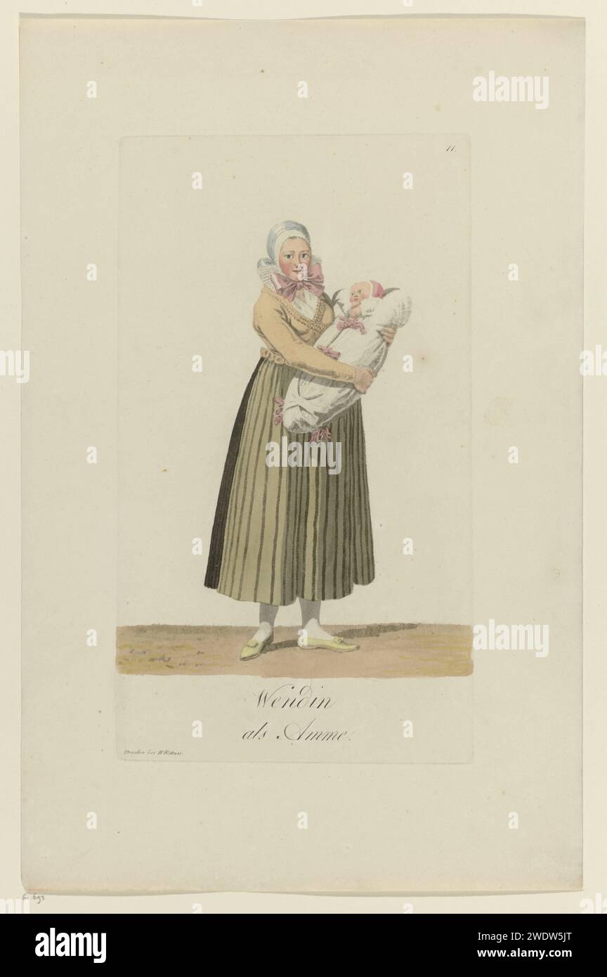 Wendic Frau als Mutterschaftsassistentin, Samuel Gränicher, 1803 - 1808 Druck Dresdener Papierätzung Volkstracht, Landeskostüm. Trockenpflegerin Sachsen Stockfoto