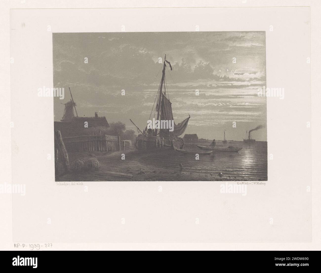 Das Segelschiff Petrus Paulus Schiedges (I) auf dem trockenen Mondlicht 1852 ist ein Segelschiff auf der Uferseite. Schiffe segeln auf dem Wasser und im Hintergrund. Linke Häuser und im Hintergrund eine Mühle. Das Haager Papier Segelschiff, Segelboot. Flussufer Stockfoto