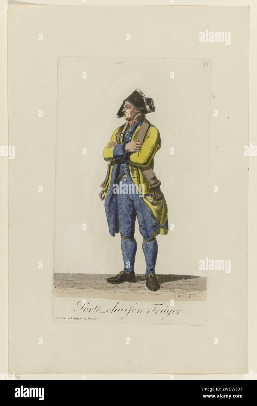 Tracht eines Hauptträgers, Samuel Gränicher, 1803 - 1808 Druck Dresdener Papierätzung Volkstracht, regionale Tracht. (Mit einer Person in einem) Sedan-Stuhl Sachsen Stockfoto