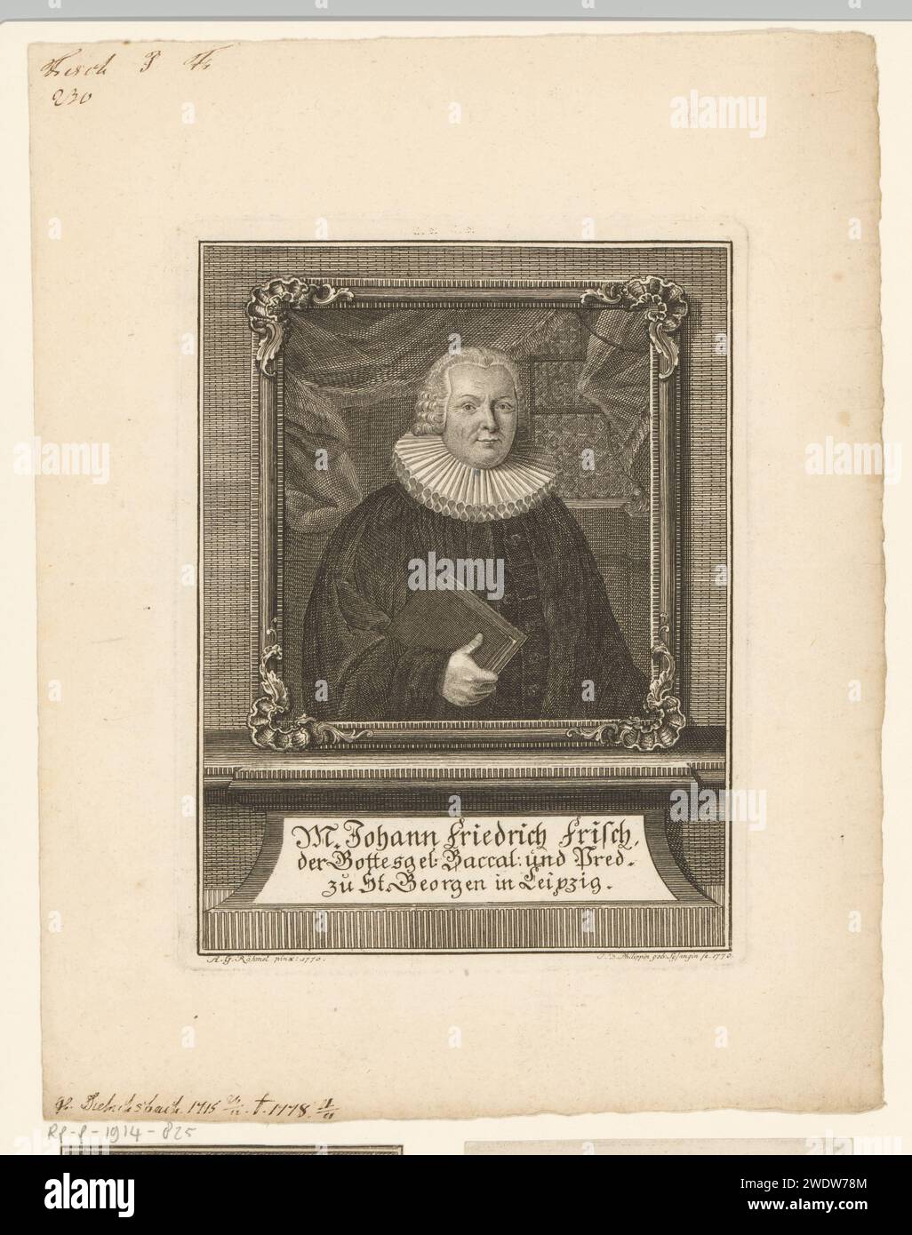 Porträt van Johann Friedrich frisch, Johanna Dorothea Sysang, nach Achatius Gottlieb Rähmel, 1770 Druckpapierstich historischer Personen. Buch. Bücherregale Stockfoto