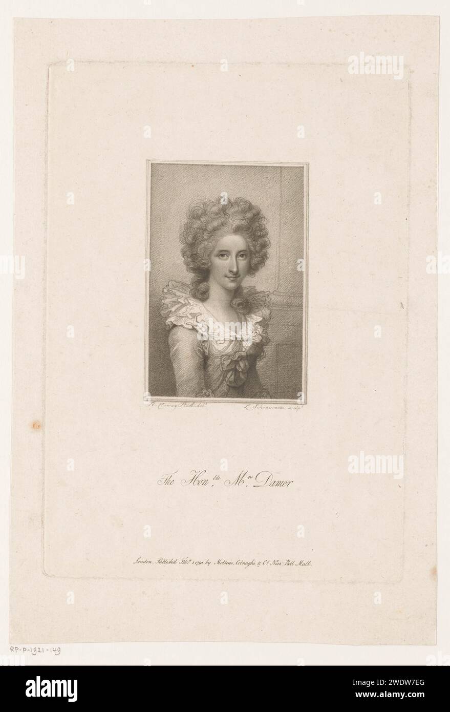 Porträt der Bildhauerin Anne Seymour Damer, Luigi Schiavonetti, nach Richard Cosway, 1791 Druck Londoner Papierstich historischer Personen. Porträt, Selbstporträt des Künstlers Stockfoto