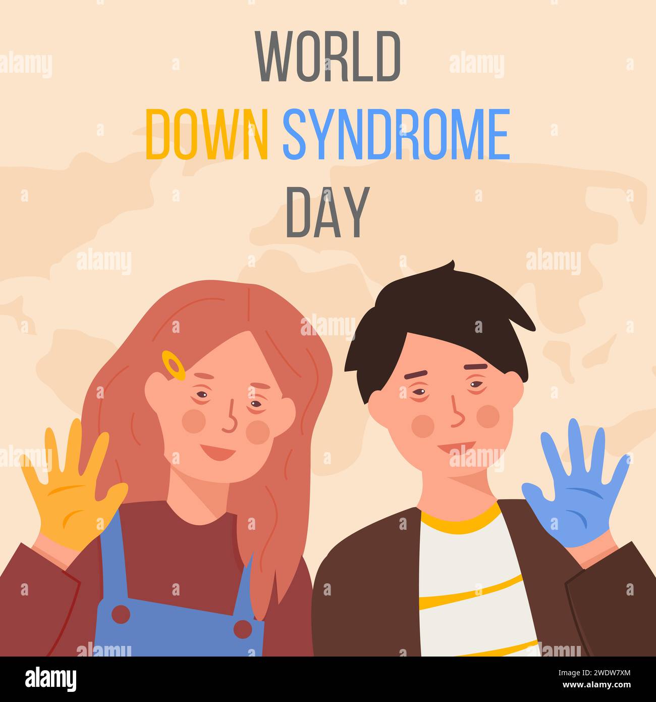 Tag des Worlddown-Syndroms am 21. März. Glückliches lächelndes Mädchen und Junge mit Down-Syndrom und gelb-blau bemalten Händen. Trisomie 21, genetische Störung conc Stock Vektor