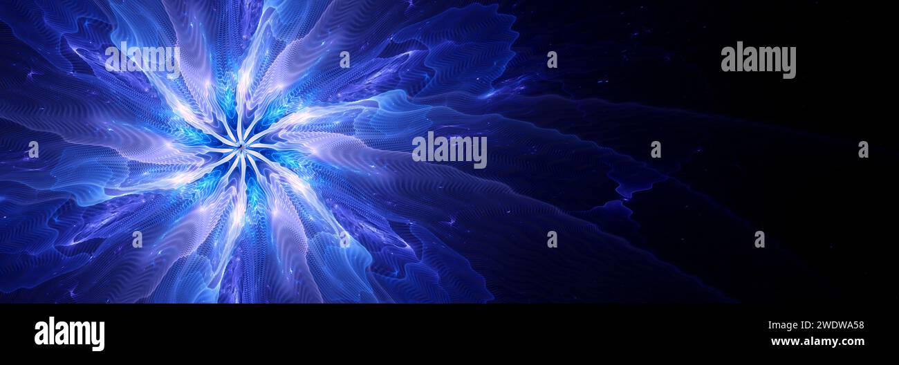 Blau leuchtende Quantenteilchen im Raum, computergeneriertes abstraktes Banner, 3D-Rendering Stockfoto