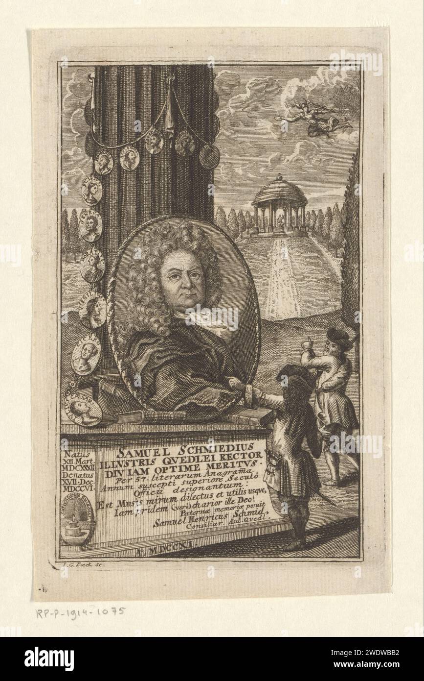 Porträt van Samuel Schmid, Johann Georg Beck, 1711 Druckerei: BraunschweigQuedlinburg Papierstich historischer Personen. Hermes Logios, Mercury als Gott der Beredsamkeit. Parnassus, heilig für Apollo Musagetes Stockfoto