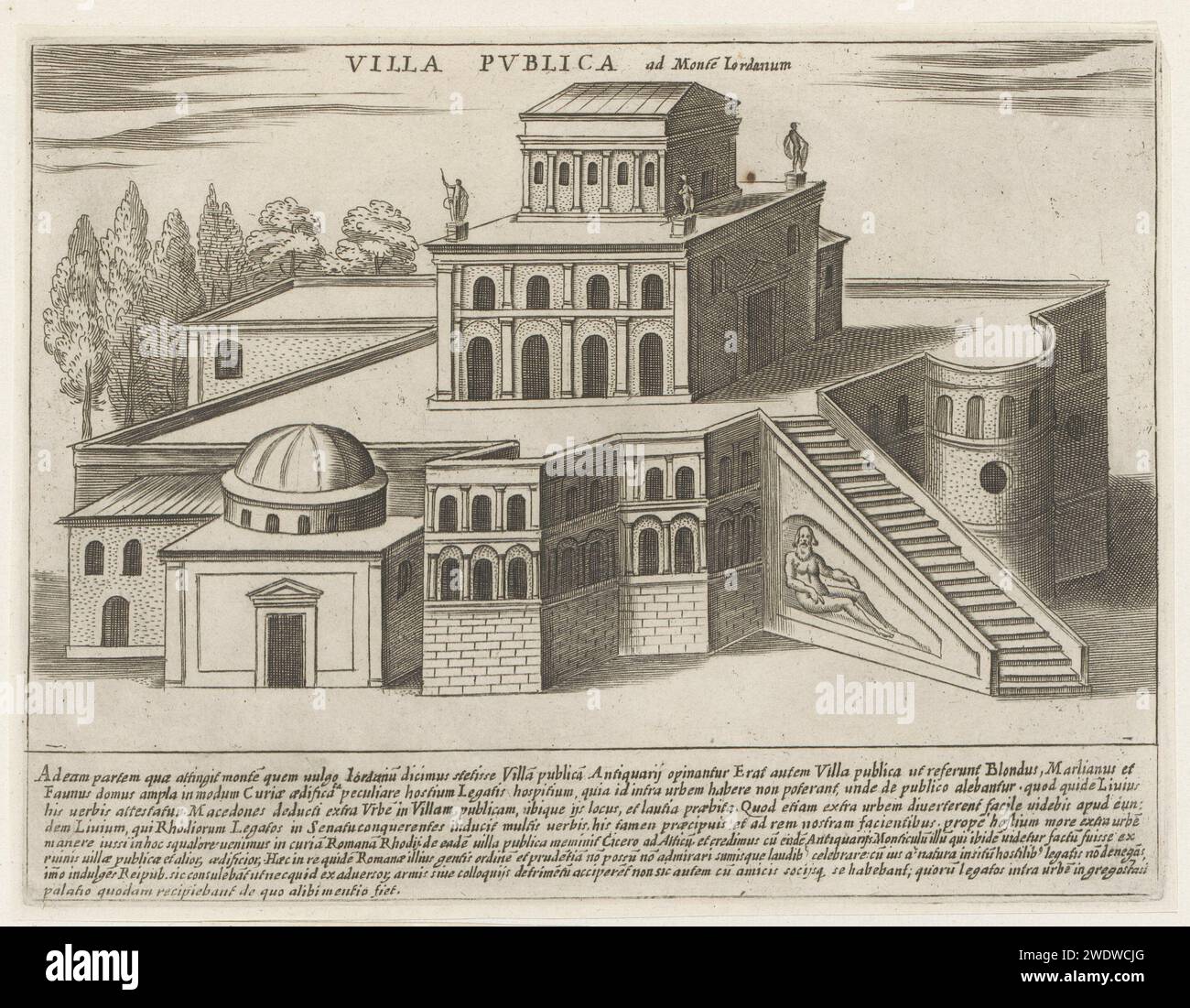Villa Publica Te Rome, Giacomo Lauro, 1612 - 1628 Druck Text in lateinischer Sprache in STUDMARGE. Der Ausdruck ist Teil eines Albums. Rom Papierätzung Darstellung des realen Gebäudes (entweder existierend oder existierend). villa PUBLIC VILLA Stockfoto