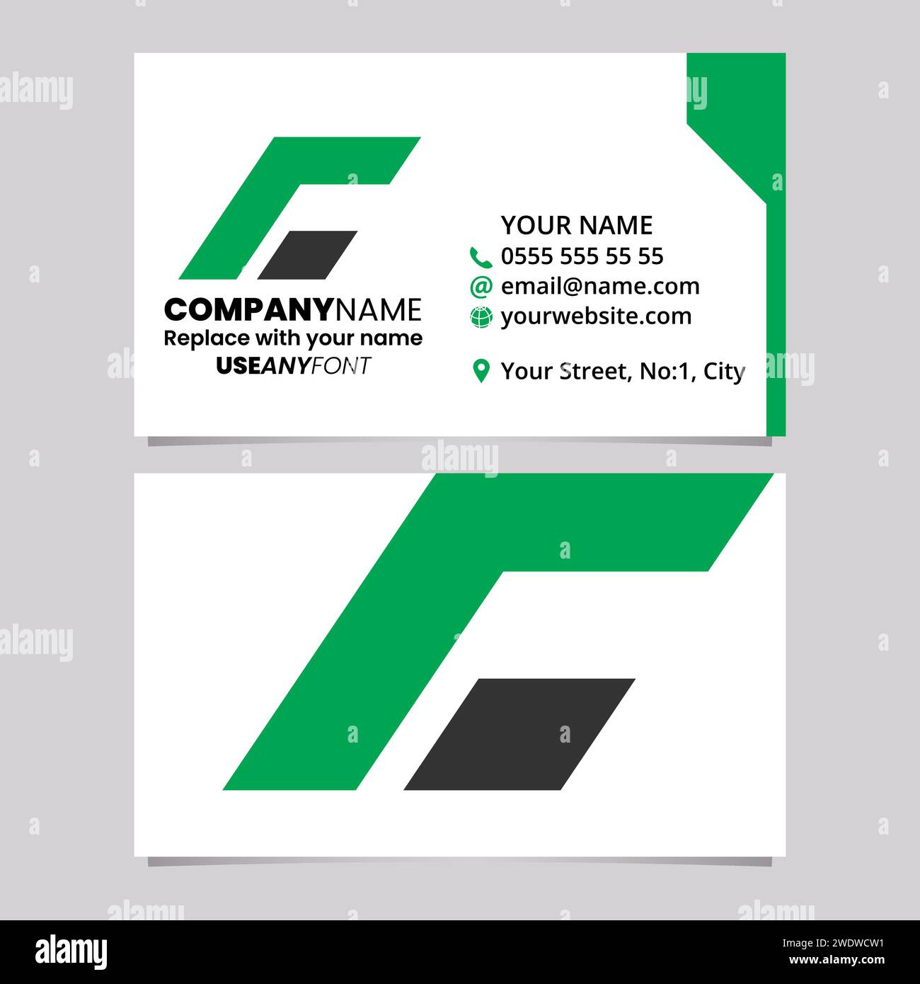 Grüne und schwarze Visitenkartenvorlage mit rechteckigem kursivem C-Logo-Symbol auf hellgrauem Hintergrund Stock Vektor