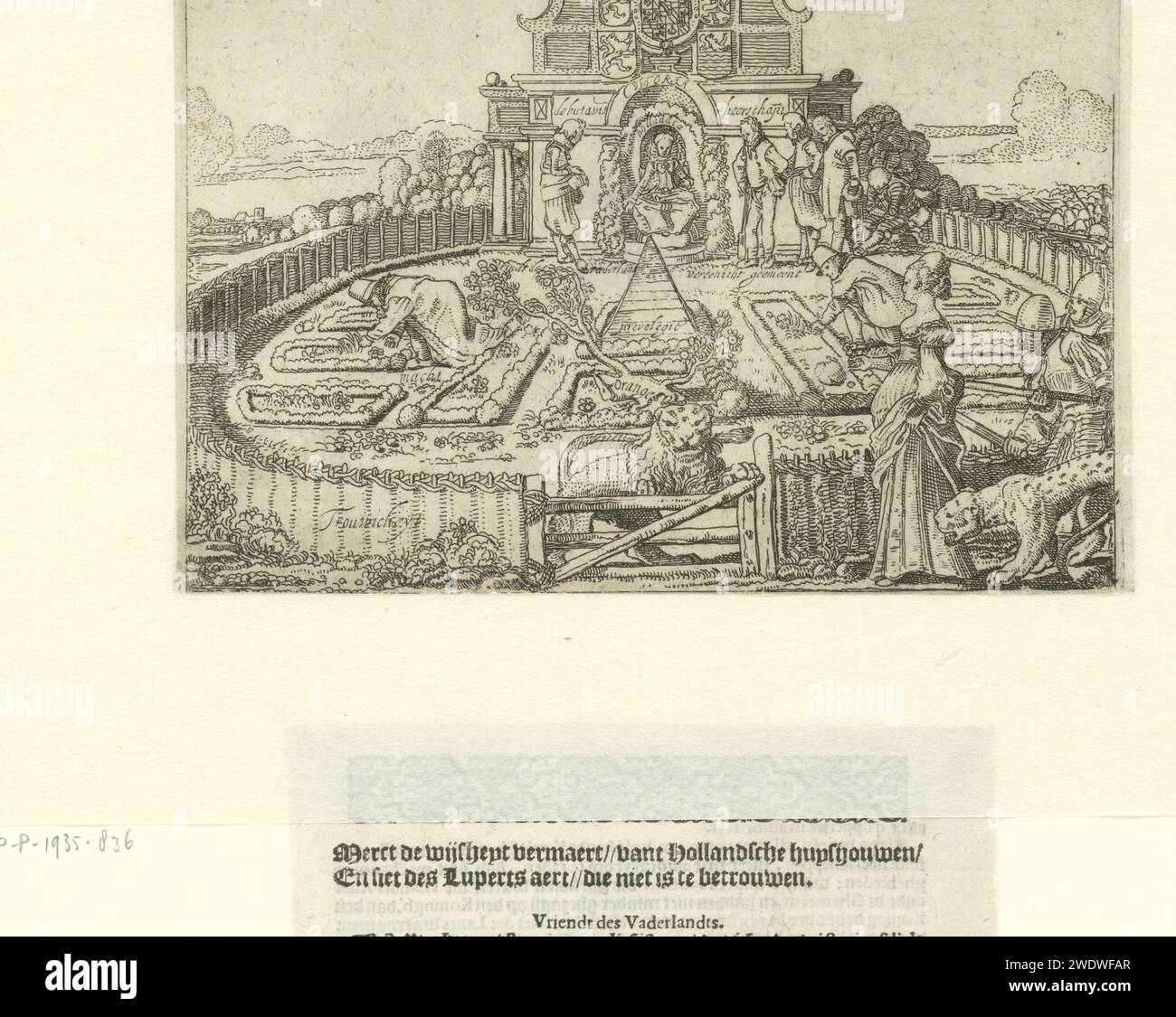 Allegory über die Unzuverlässigkeit Spaniens und die Freiheit und das Wohlergehen der sieben Provinzen: Der niederländische Garten, Willem Pietersz Buytewech, 1615 Druck Allegory über die Unzuverlässigkeit Spaniens und die Freiheit und das Wohlergehen der sieben Provinzen, vorgeschlagen mit dem niederländischen Garten. Druck für ein Flugblatt Merckt de Wysheyt Vermaert Vandt Hollantsche Huyshouwen und Siet des Luypaerts Aert, dem man nicht trauen kann. Zwei Fragmente der Broschüre sind auf dem Set-up-Karton festgeklebt. Niederlande Papierätzung Stockfoto