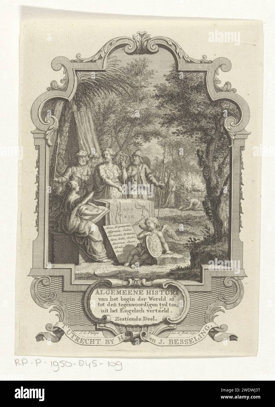 Cartouche mit Allegorie zur Geschichte der Arabischen Halbinsel, Jan Caspar Philips, 1750 drucken Eine Frau mit einem Herrscher zeigt Geschichte auf der Karte der Arabischen Halbinsel. Arabische Männer stehen die Frau. Auf der rechten Seite befindet sich ein Putto mit einem Porträtmedaillon von Attila. Im Hintergrund opfert ein Priester einen Menschen und ein Tier. Utrechter Papierstich/Ätzung „Historia“; „Historia“ (Ripa). Karten von verschiedenen Ländern oder Regionen. Asiatische Rassen und Völker (mit NAMEN) Arabien Stockfoto