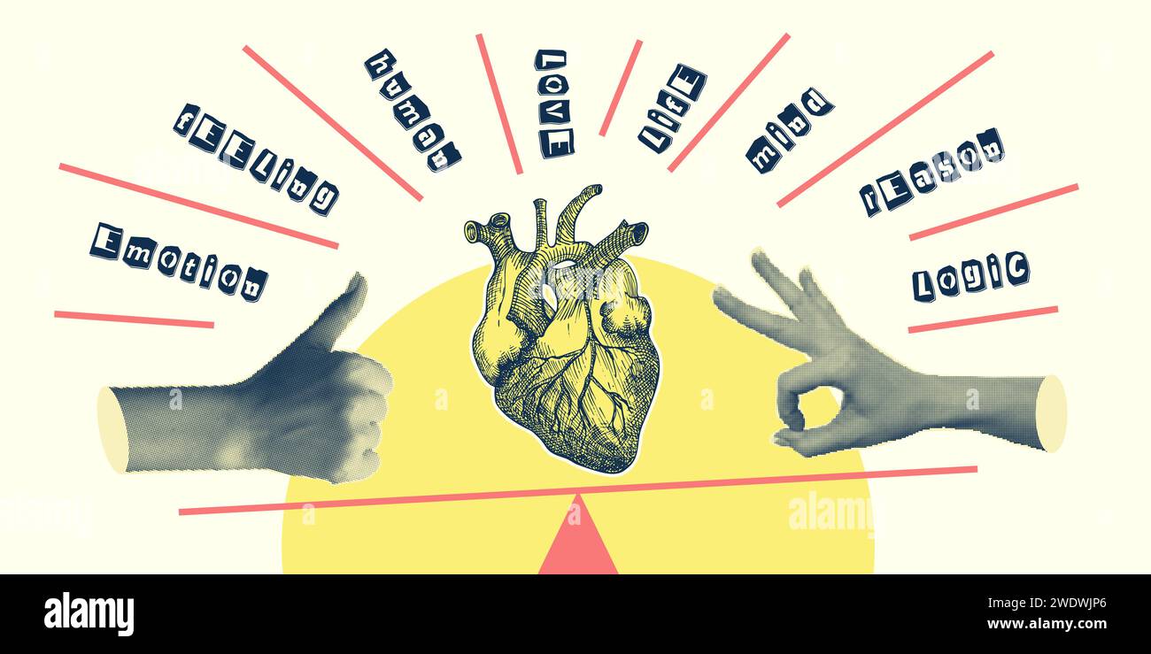 Concept Heart vs. Brain. Collage-Poster im Vintage-Design. Symbole für psychische Gesundheit und emotionales Wohlbefinden. Mind-Heart Balance handgezeichnete Grafik. Halb Stock Vektor