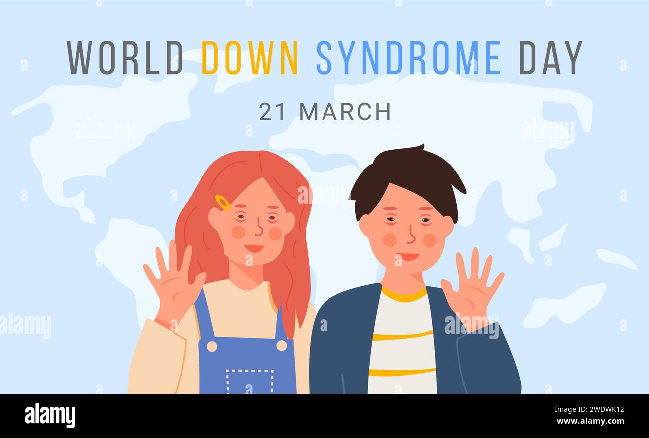 World Down Syndrome Day. Lächelndes winkendes Mädchen und Junge auf blauem Weltkartenhintergrund. Genetische Erkrankungen. Extra Chromosomenkrankheit. Niedliche Kinderfiguren Stock Vektor