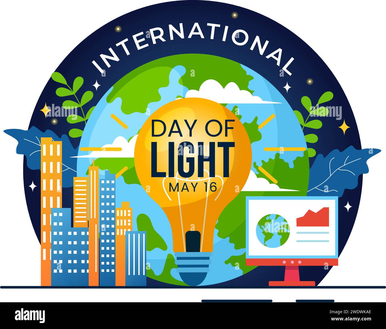 Internationaler Tag des Lichtvektors Illustration am 16. Mai zur Bedeutung des Gebrauchs von Lampe und der Ersparnisse im menschlichen Leben in flachem Zeichentrickhintergrund Stock Vektor