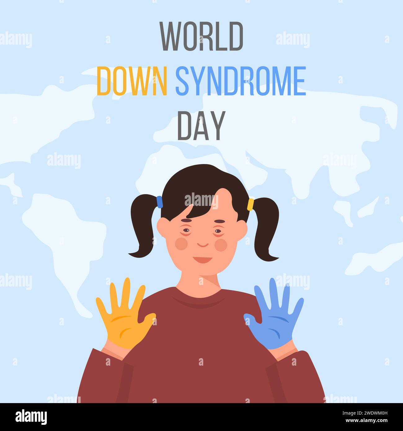 Tag des Worlddown-Syndroms am 21. März. Glückliches lächelndes Mädchen mit Down-Syndrom und gelb und blau bemalten Händen. Trisomie 21, genetisches Krankheitskonzept. Vec Stock Vektor