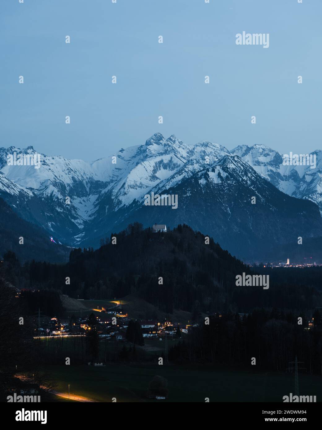 Blick vom Malerwinkel auf die Allgäuer Hochalpen, Fischen im Allgäu, Deutschland Stockfoto