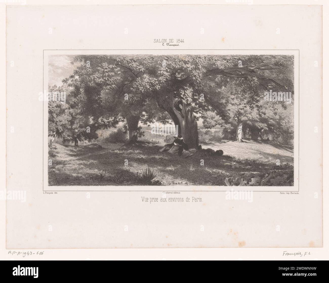 Landschaft mit zwei Lieben unter einem Baum, Francois-Louis Francais, 1844 gedruckte Pariser Papierbäume. Auf dem Boden sitzen. Ein paar Liebhaber Stockfoto