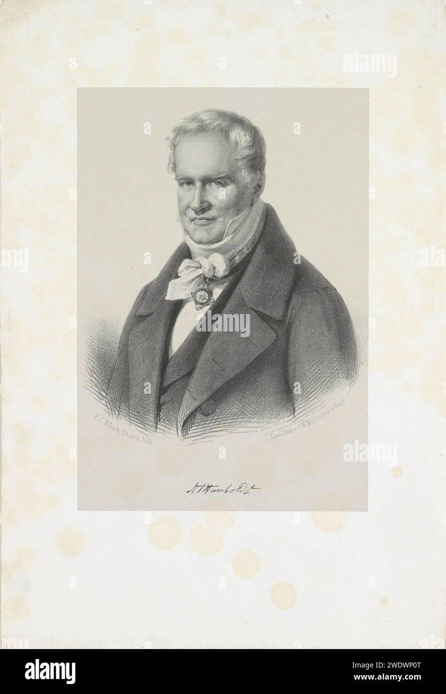 Porträt von Alexander von Humboldt, Isaac Cornelis eLink Sterk, 1818–1871 Druck die dargestellte Person trägt eine weiße Krawatte und einen Ritterstand um den Hals. Unter dem Porträt befinden sich Unterschriften. Das Haager Papier. Historische Personen (+ (Vollporträt). Ritterorden Stockfoto