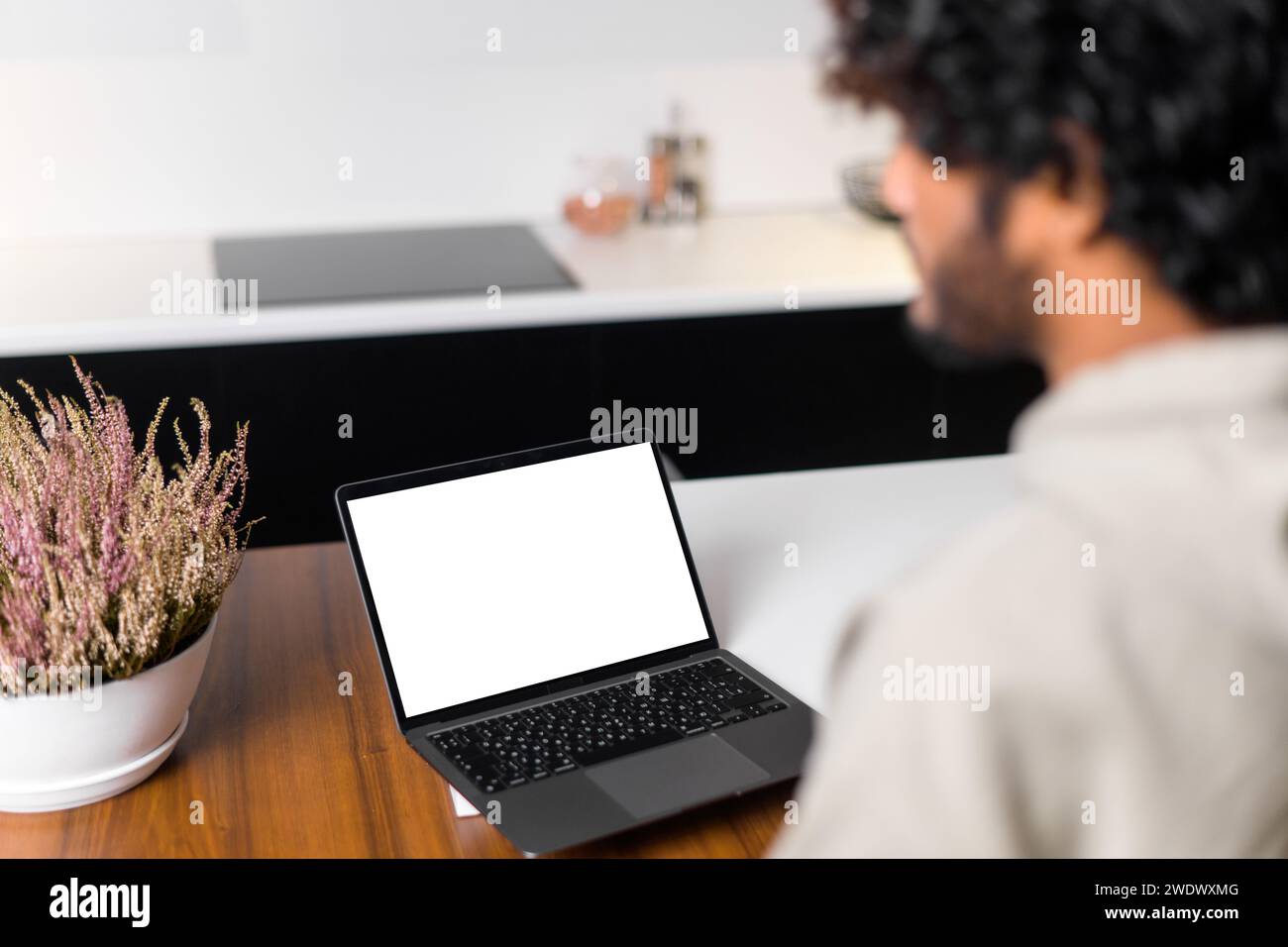 Blick von der Rückseite eines Indianers mit lockigen Haaren auf einem leeren Laptop-Bildschirm, was den wachsenden Trend der Fernarbeit und die Notwendigkeit betont, sich in einem Raum ohne Ablenkung zu konzentrieren. Modell Stockfoto