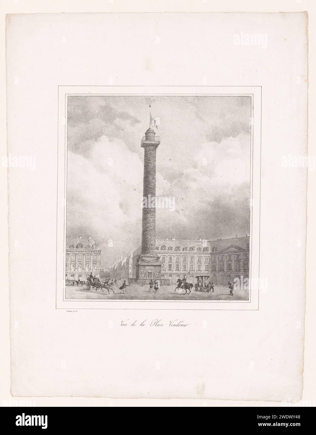 Blick auf den Place Vendôme mit der Colonne Vendôme, Ernest Jaime, 1828 gedrucktes Pariser Papierdenkmal, Statue. Säule, Säule  Architektur Place Vendôme. Paris Stockfoto