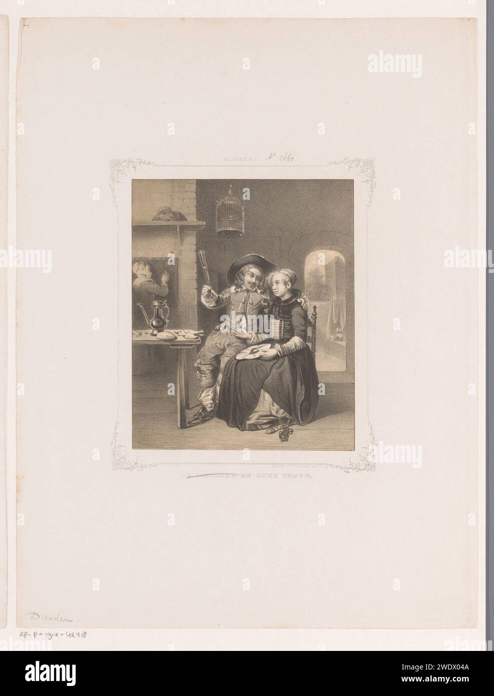 Der Maler und seine Frau, Carel Christiaan Antonius zuletzt, nach dem Druck von Gabriël Metsu, 1843–1876, sitzt der Maler neben seiner Frau mit dem Arm um sie herum. Er hält ein Bierglas in der rechten Hand. Ein Vogelkäfig mit einem Vogel hängt an der Decke. Das Haager Papierporträt, Selbstporträt des Künstlers. Ehe, verheiratetes Paar, "Ehe". Ein Glas Bier. Vogel in einem Käfig Stockfoto