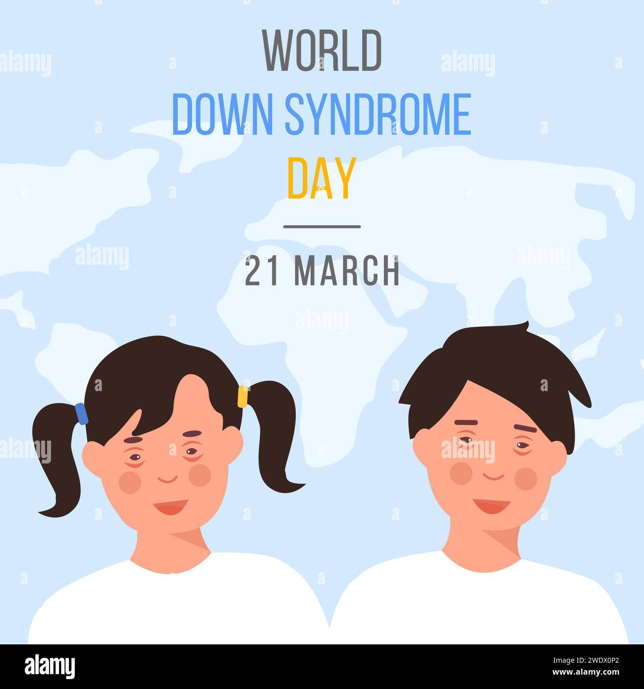 Tag des Worlddown-Syndroms am 21. März. Glückliches lächelndes Mädchen und Junge mit Down-Syndrom auf blauem Hintergrund mit weltweiter Karte. Trisomie 21, genetische Störung Stock Vektor