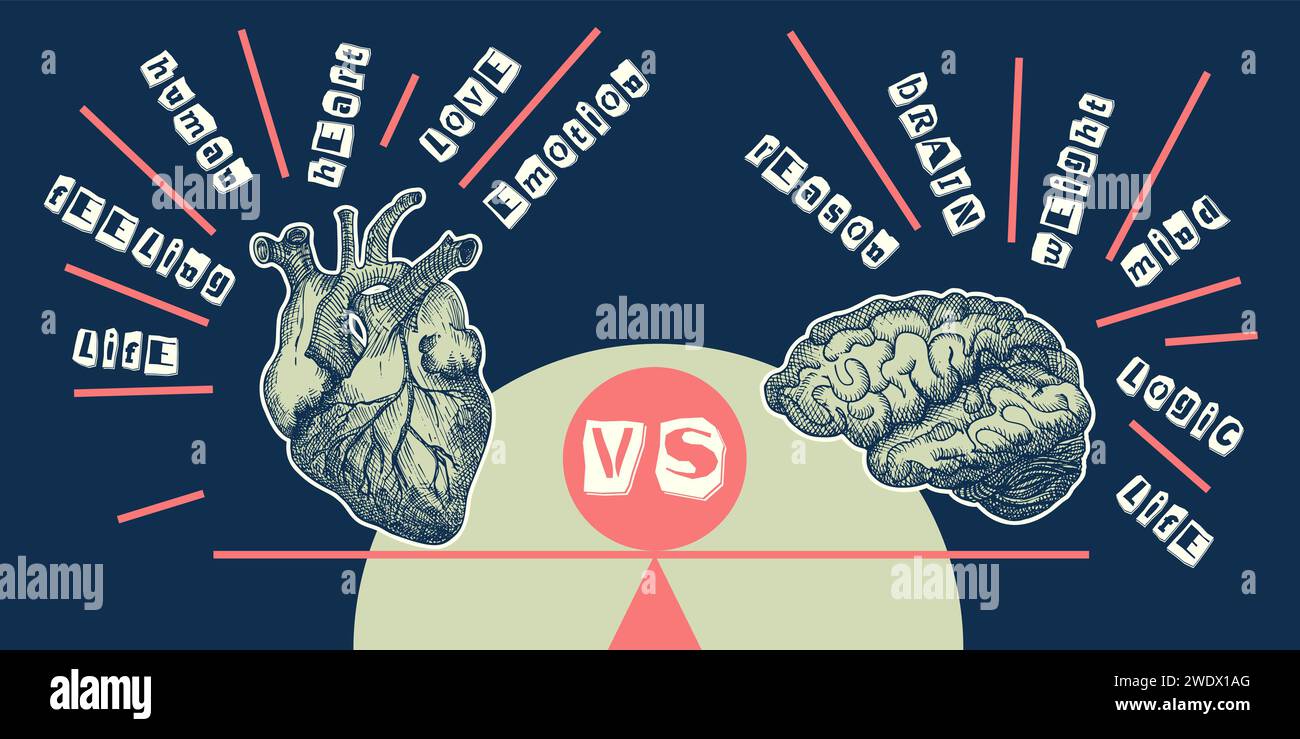 Concept Heart vs. Brain. Collage-Poster im Vintage-Design. Symbole für psychische Gesundheit und emotionales Wohlbefinden. Mind-Heart Balance handgezeichnete Grafik. Halb Stock Vektor