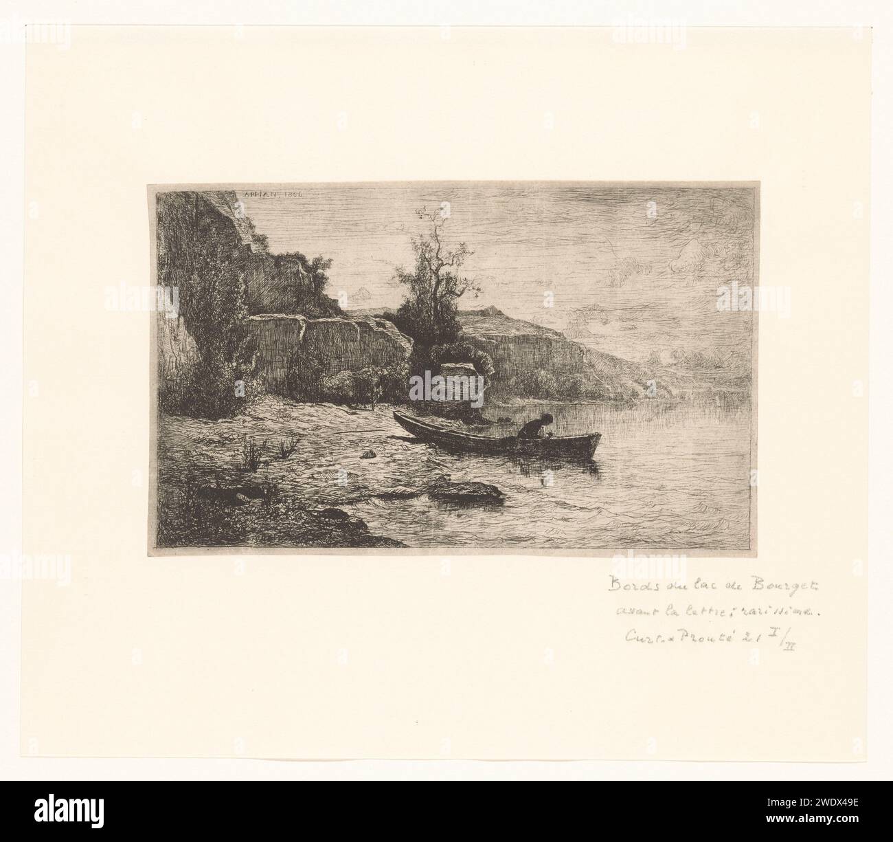Punter am Ufer des Lake Le Bourget, Jacques Barthélemy Appian (Adolphe), 1866 Druck Frankreich Papier ätzenden See. Boot, das von Mensch oder Tier angetrieben wird. Hockende, hockende Figur mehr von Le Bourget Stockfoto