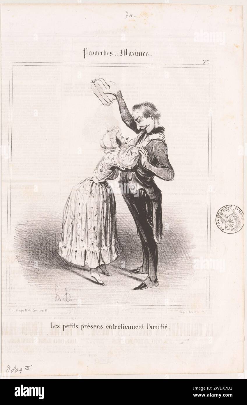 Frau umarmen Mann wegen Geschenk, Honoré Daumier, 1840 Paris Papier Buchdruck Karikaturen (menschliche Typen). Geschenke werden angenommen Stockfoto
