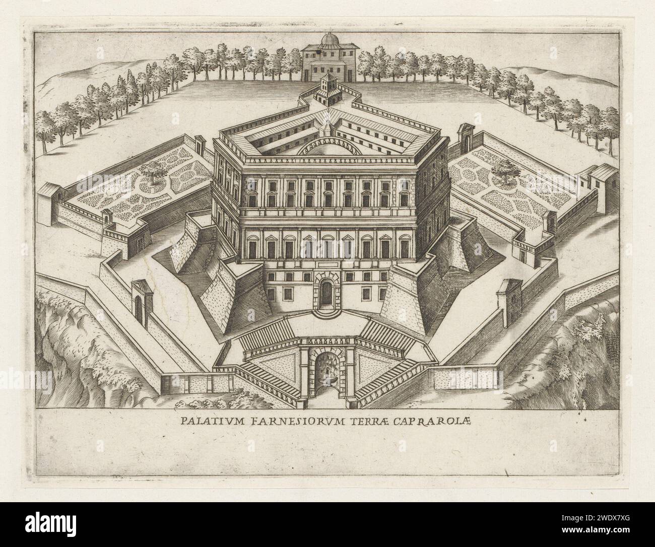 Gezicht op Villa Farnese Te Caprarola, Giacomo Lauro, 1638 Print der Druck ist Teil eines Albums. Druckerei: ItalienVerlag: RomeVaticaanstad Papierätzvilla Farnese Villa Stockfoto