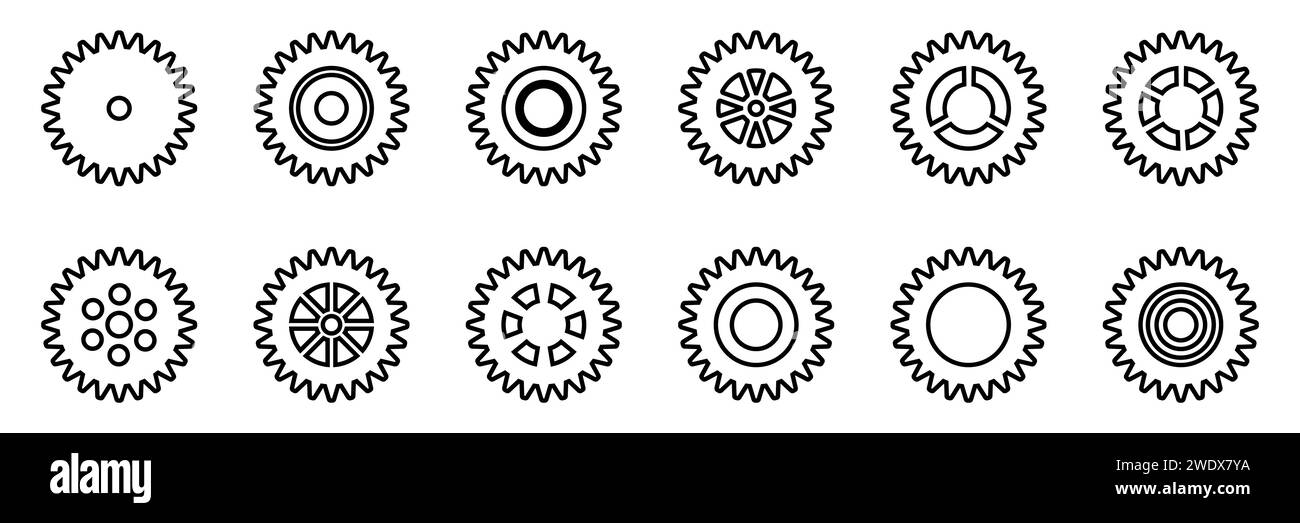 Symbolsatz Gänge. Symbol für Gangeinstellung. Sammlung mechanischer Zahnräder. Einfache Zahnradsammlung. Silhouette mit Zahnradsymbolen. Vector Illustrati Stock Vektor