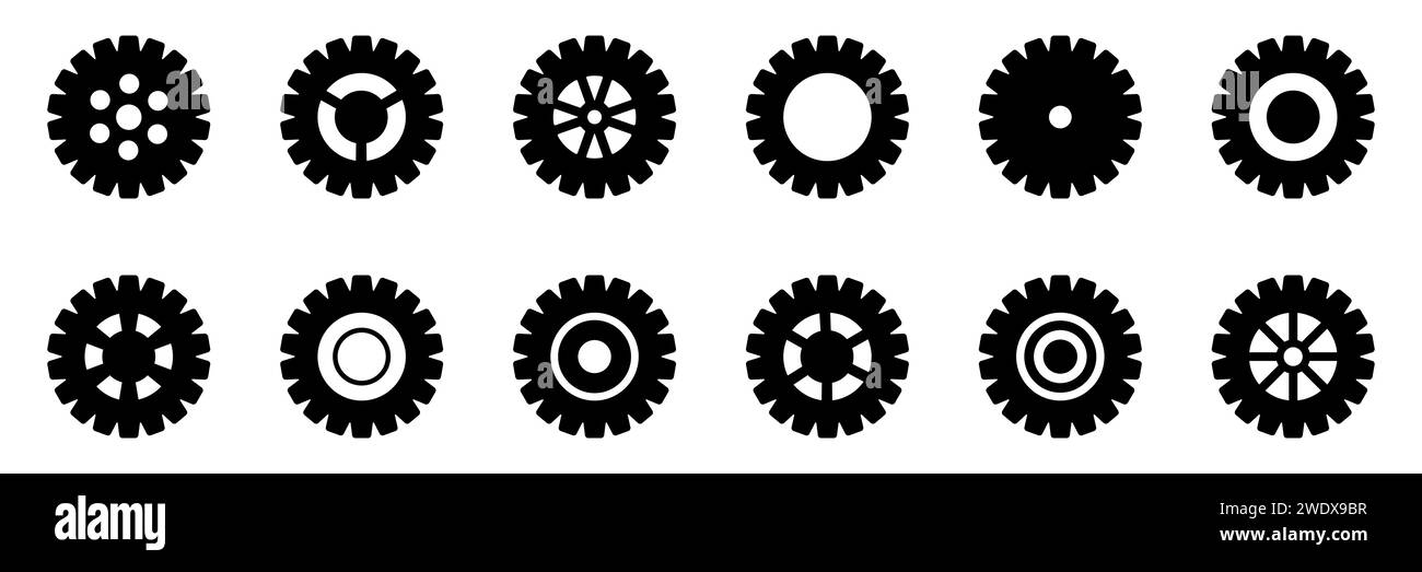 Symbolsatz Gänge. Symbol für Gangeinstellung. Sammlung mechanischer Zahnräder. Einfache Zahnradsammlung. Silhouette mit Zahnradsymbolen. Vector Illustrati Stock Vektor