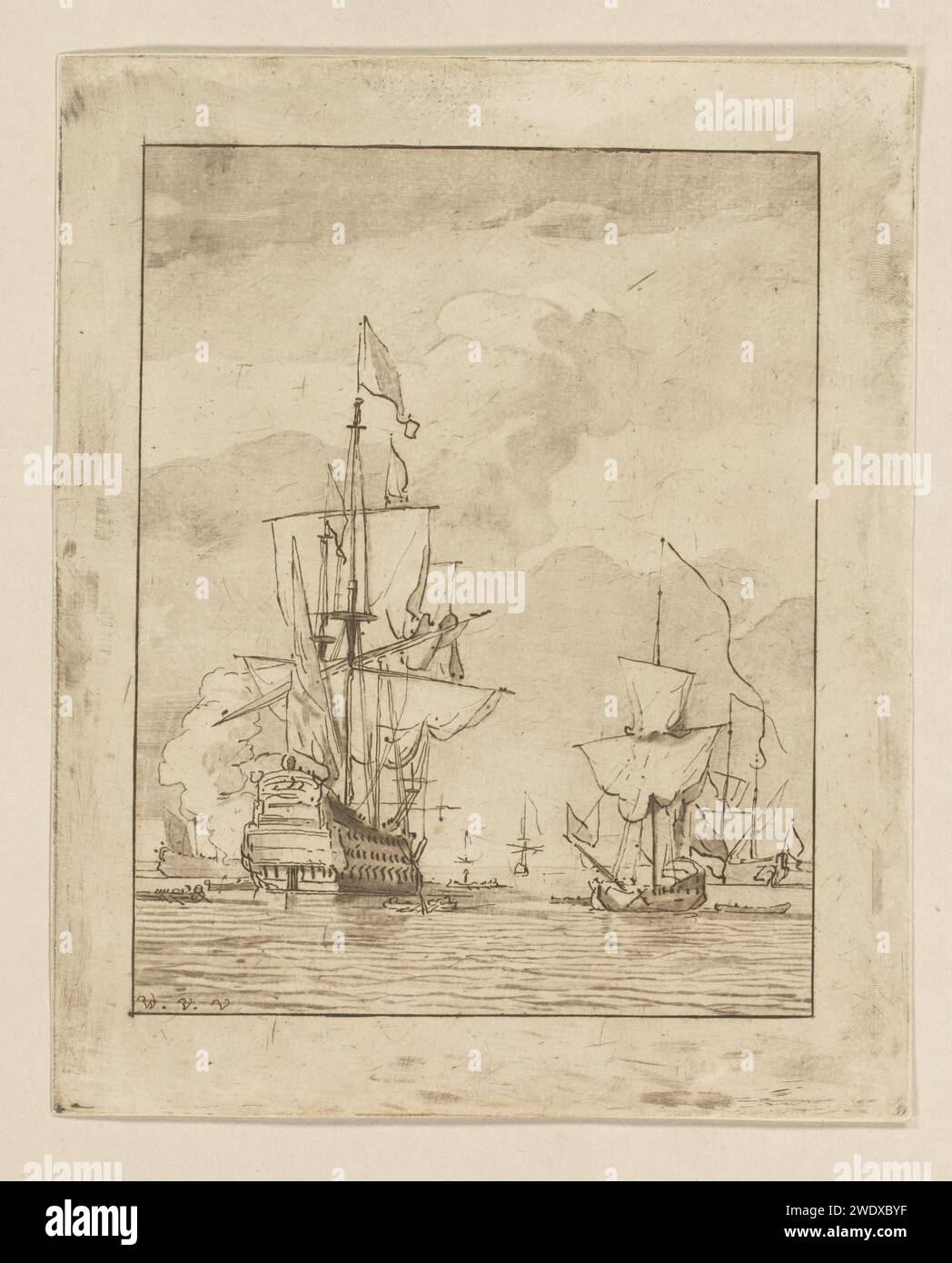 Kriegsschiff Cornelis Ploos van Amstel, nachdem Willem van de Velde (II) 1759 mehrere Segelschiffe auf See gedruckt hatte, von denen eines einen Schuss verlor. Der Ausdruck in einem Album ist lose, siehe Seite 48. Amsterdamer Papierätzung Segelschiff, Segelboot. Kanonenschüsse (Militärsalute) Stockfoto