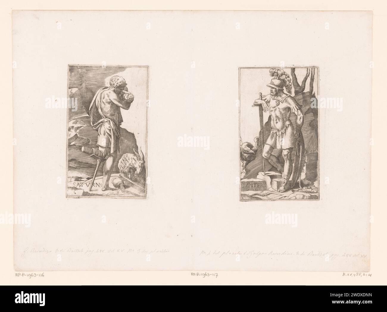 Saturn mit hölzernem Bein und Baby in den Armen, Georges Reverdy, 1536–1569 Druckpapierstich (Geschichte von) Saturn (Cronus). Saturn und seine Kinder („Planetenkinder“) Stockfoto