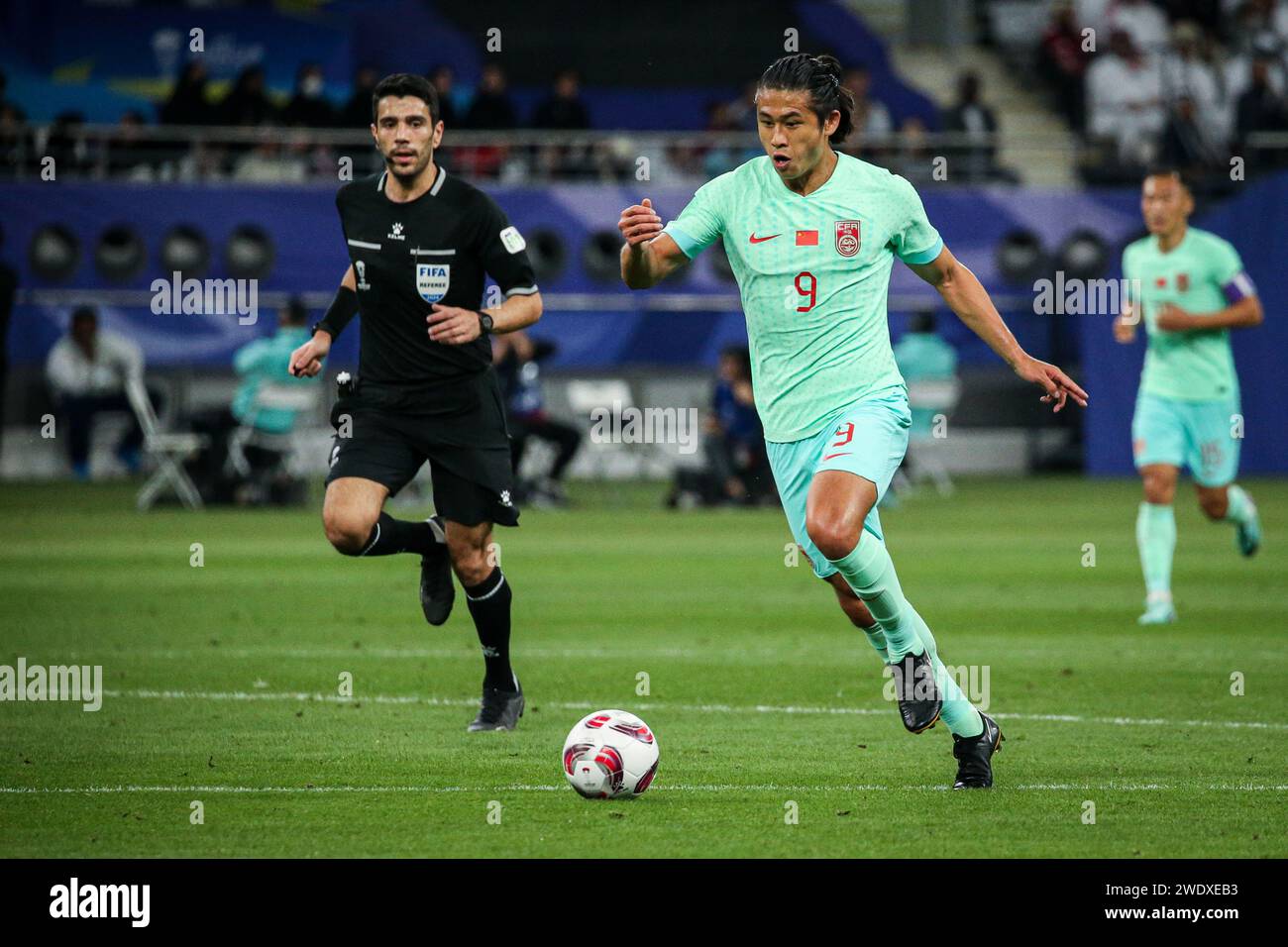 Doha, Katar, 22. Januar 2024, AFC Asian Cup Katar 2023 Gruppe A - China 0:1 Katar, mit einem Tor von Hasaan Al Heidos, unterstützt von Akram Afif, besiegte Katar China mit der kleinsten Marge und holte sich den ersten Platz in der Gruppe A, China scheiterte aus. Quelle: Runbang Zhu/Alamy Live News Stockfoto