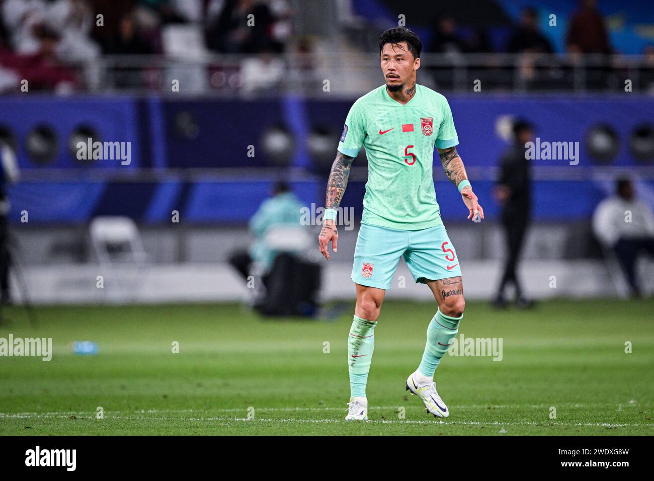 Doha, Katar, 22. Januar 2024, AFC Asian Cup Katar 2023 Gruppe A - China 0:1 Katar, mit einem Tor von Hasaan Al Heidos, unterstützt von Akram Afif, besiegte Katar China mit der kleinsten Marge und holte sich den ersten Platz in der Gruppe A, China scheiterte aus. Quelle: Runbang Zhu/Alamy Live News Stockfoto