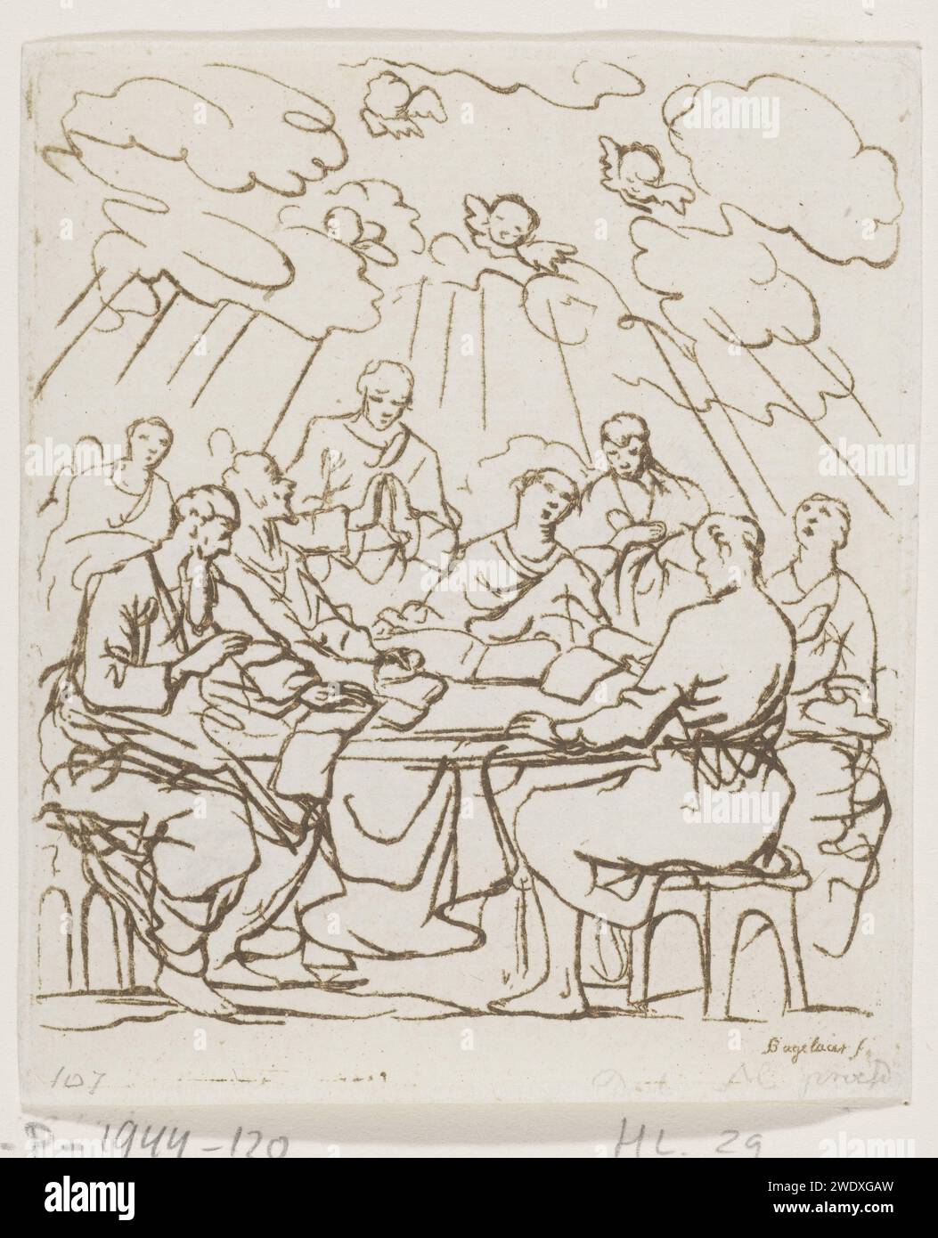 Eine Kompanie von acht lobenden Menschen um einen Tisch, Ernst Willem Jan Bagelaar, nach Jan Luyken, 1798–1837 Druck Niederlande Ätzen Letztes Abendmahl (im Allgemeinen) (Matthäus 26:21-35; Markus 14:18-31; Lukas 22:3, 22:15-23; Johannes 13:21-38). (Öffentliches) Gebet Stockfoto