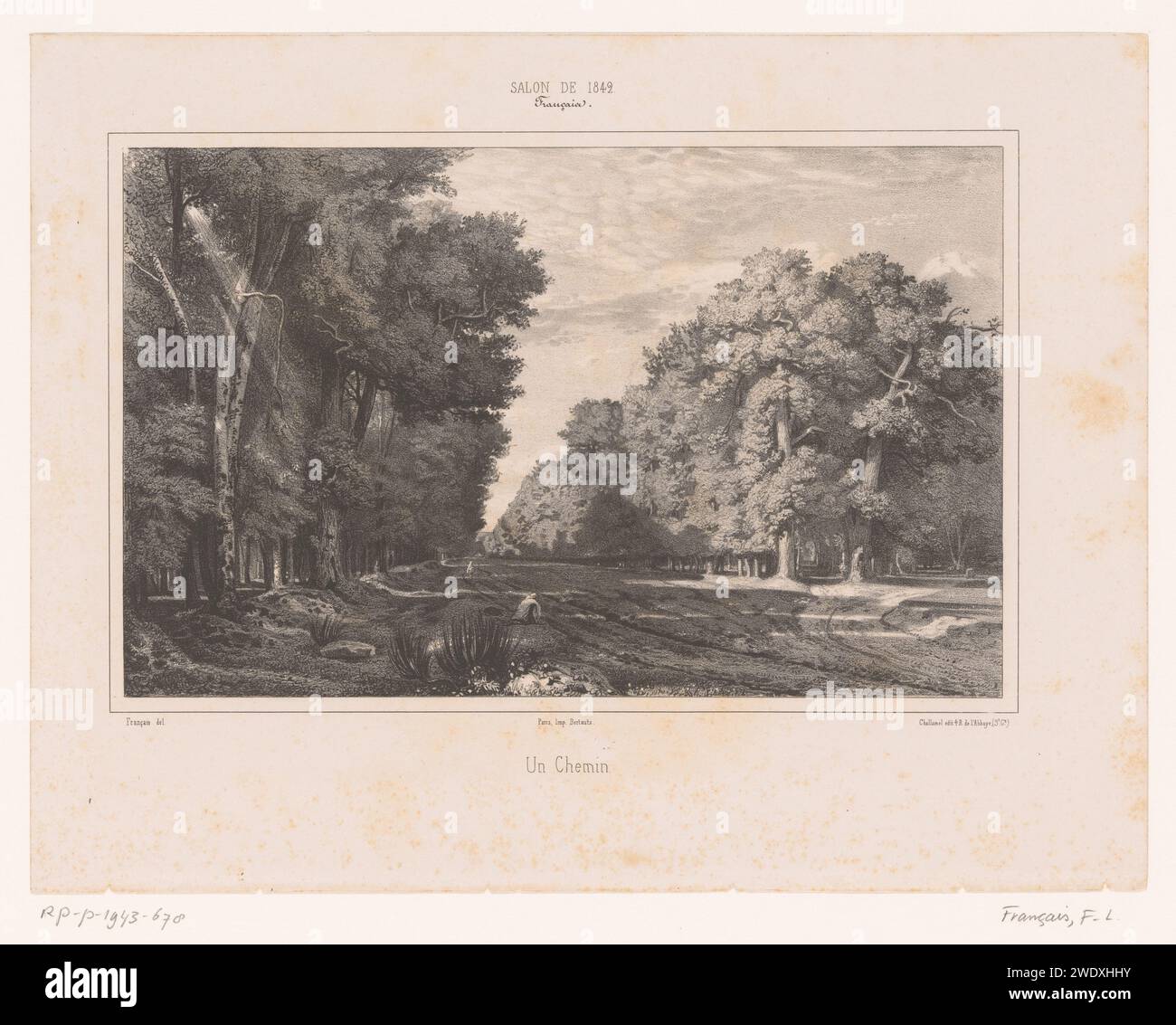 Bosweg mit zwei Figuren, Francois-Louis Francais, 1842 gedruckte Pariser Papierstraße, Weg. Wald, Holz (+ Landschaft mit Figuren, Personal) Stockfoto