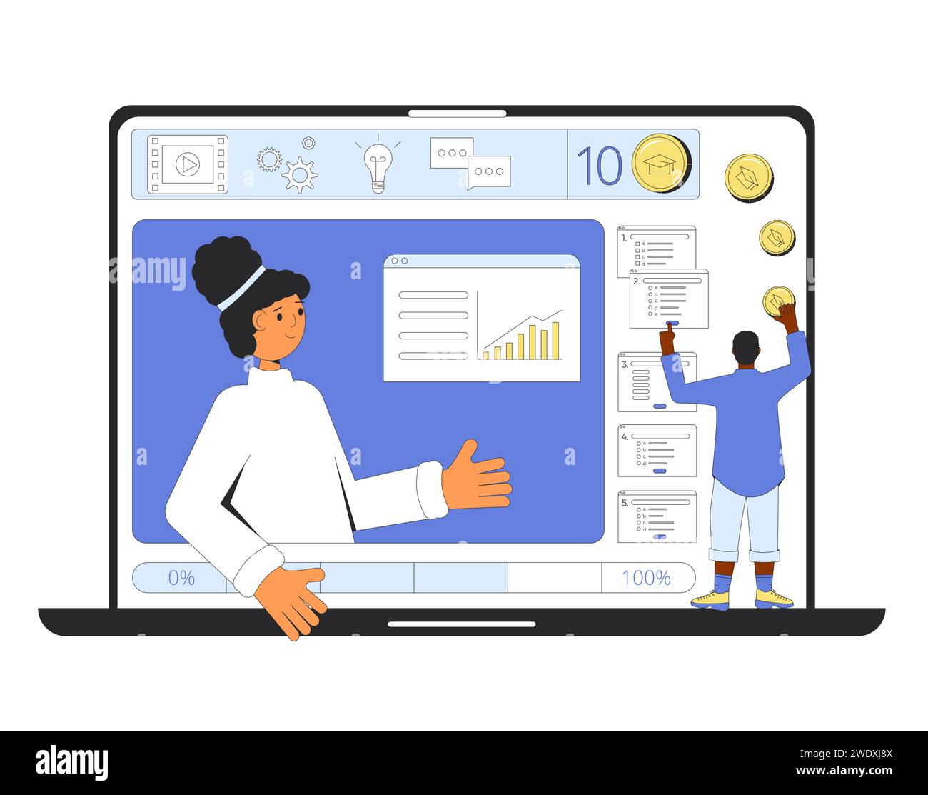 Lehrdesign und Lernmanagementsystem. Gamification im Studienverlauf. Sammeln Sie Münzen, um Lernergebnisse zu erzielen. Lehrer und Schüler i Stock Vektor