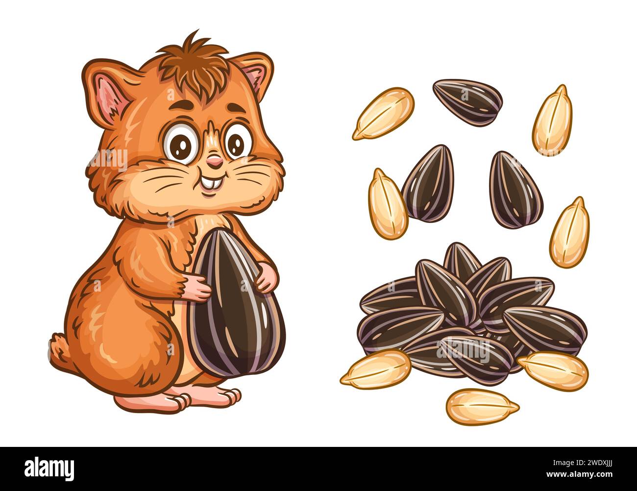 Niedliches kleines Hamstertier hält Sonnenblumenkerne, Haufen Sonnenblumenkerne in Shell-Icon. Lustige Tiernager-Zeichentrickfigur, die Getreide isst. Vektor Stock Vektor