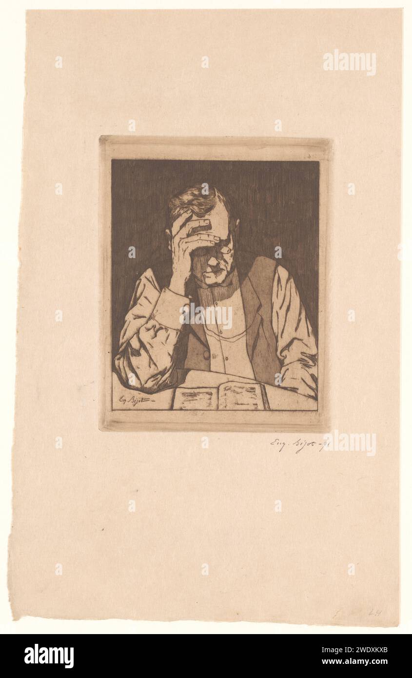Leser Mann, Eugène Bejot, 1891 Druck Frankreich Papier Ätzen Lesen. Erwachsener Mann Stockfoto